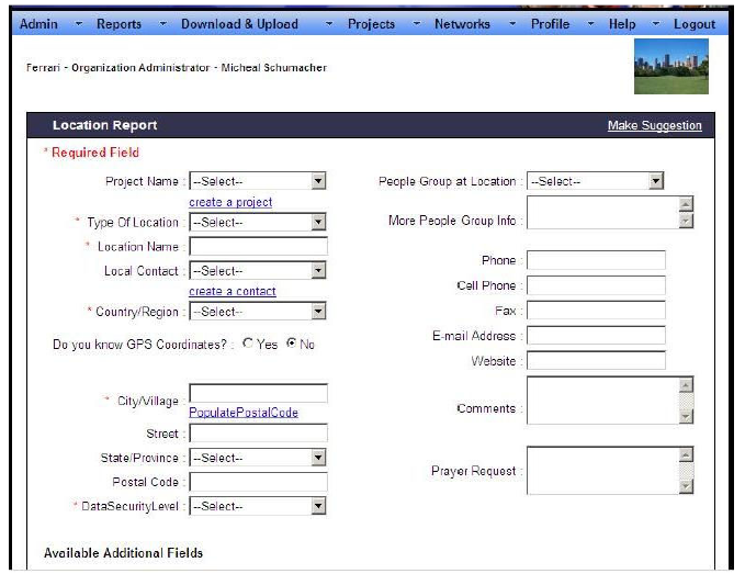 Figure 2:- Screen to acquire Location based data.