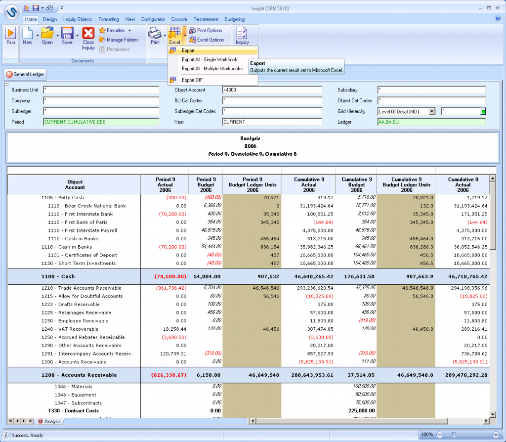 Figure 1: A typical report in INSIGHT® ready to be Exported to Microsoft Excel.