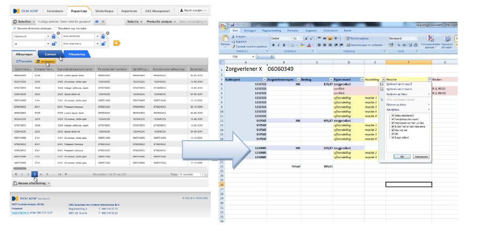 Screenshot of one of our applications and excel report