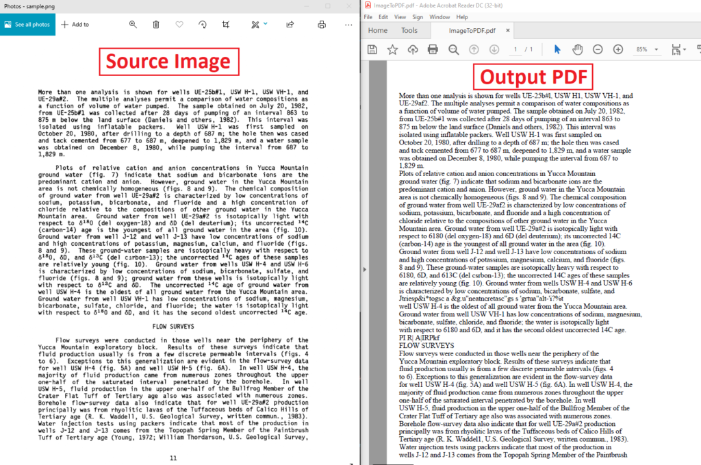 Snímek obrazovky zdrojového obrázku a výstupního souboru PDF