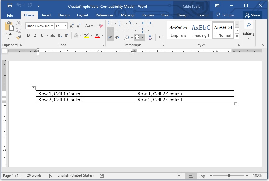 Crear una tabla en Word usando DocumentBuilder