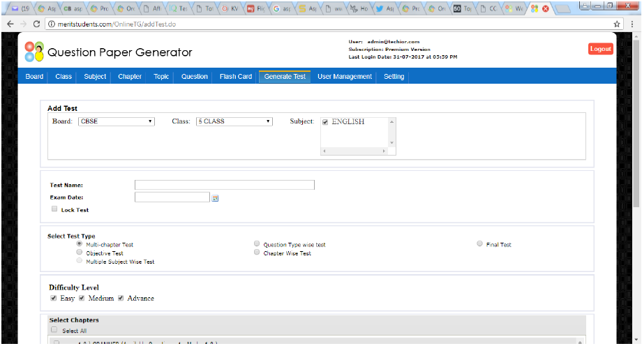 Layout for test generation from question bank