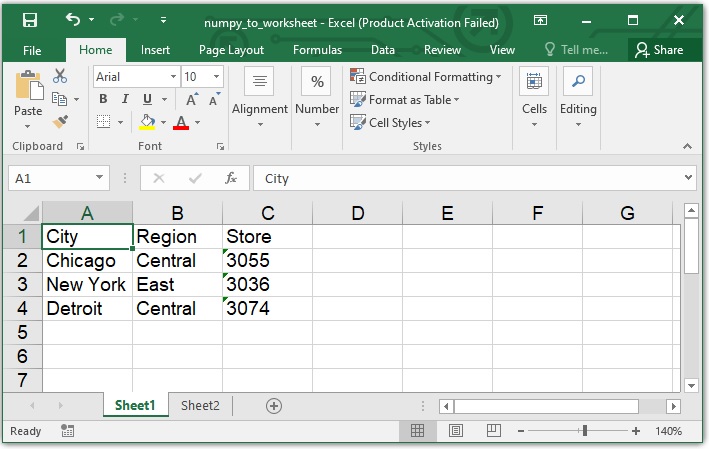 Come convertire NumPy ndarray in Worksheet