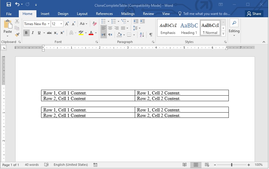 C#의 Word 문서에서 기존 테이블 복제