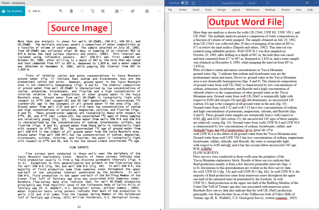 Screenshot of the source image and output Word file