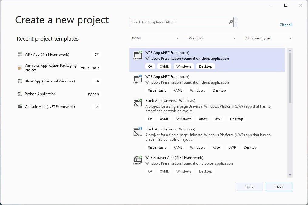 Create a new project and select the project template.