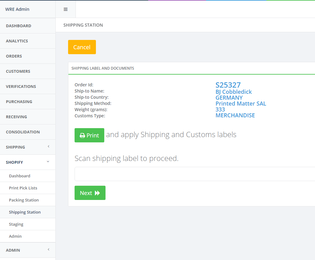 Preview of order fulfilment application