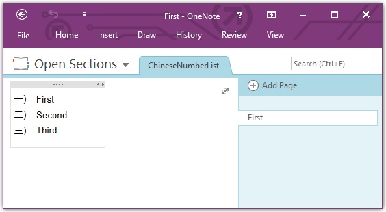 Wstaw chińską listę numerów w OneNote