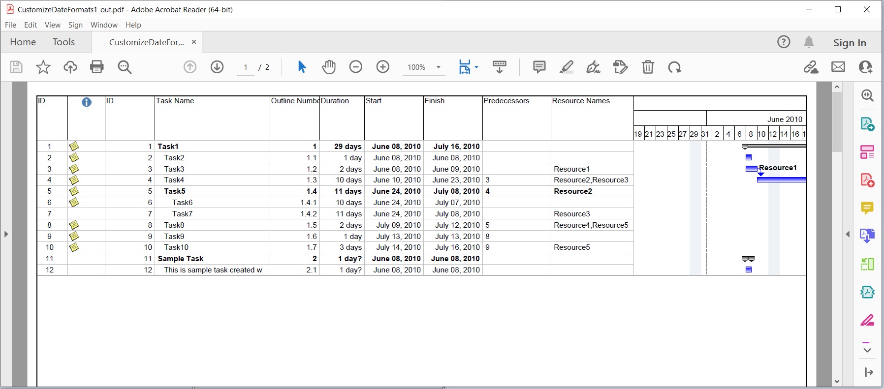 Dostosuj format daty podczas konwersji MS Project do PDF w C#