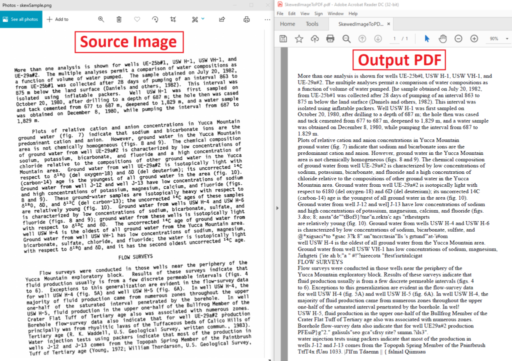 Captura de tela da imagem de origem e do arquivo PDF de saída