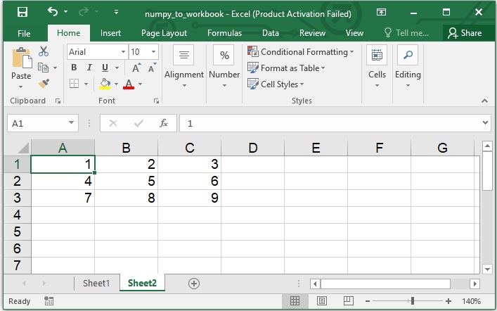 Как преобразовать NumPy в книгу Excel
