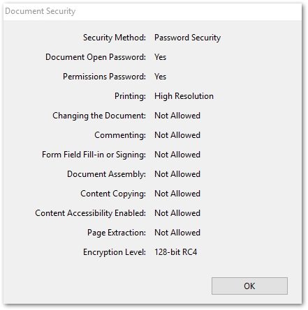 изменены разрешения безопасности PDF