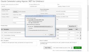 Aspose .NET For Umbraco Quote Generator Export Popup