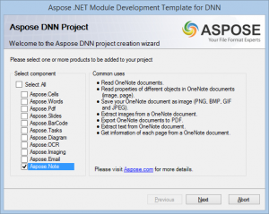 Aspose DNN create project select components