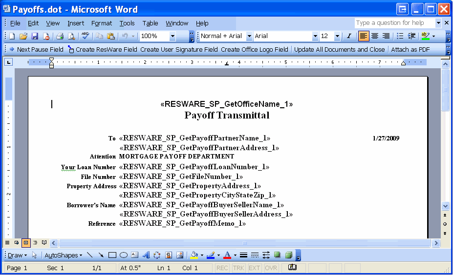 Template fields in word preview