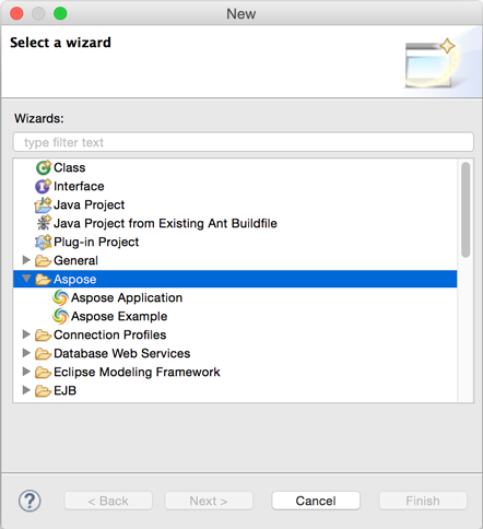 Aspose Application and Aspose Example option in Eclipse IDE via Aspose Project Wizard