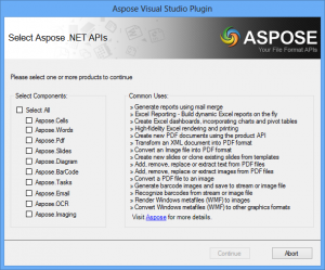 Aspose Visual Studio Plugin API selection dialog