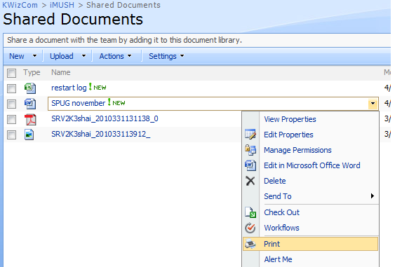 Document context menu print