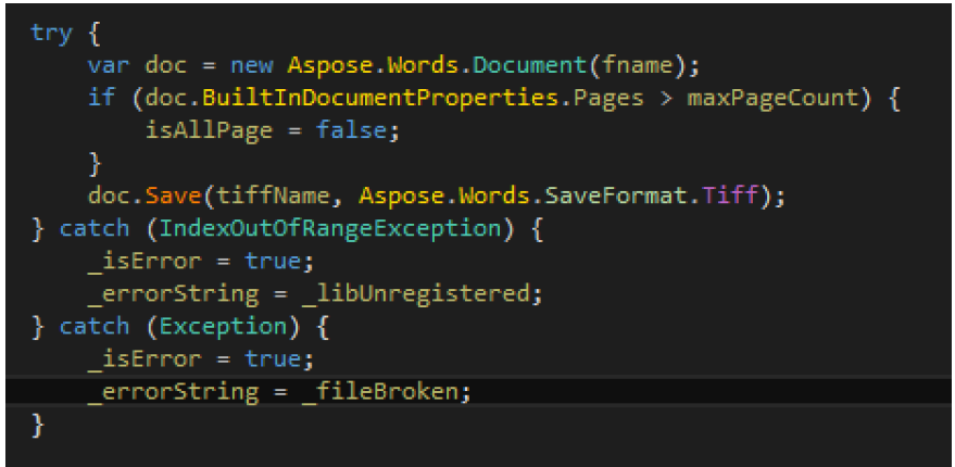 Code snippet for converting Word files to TIFF format