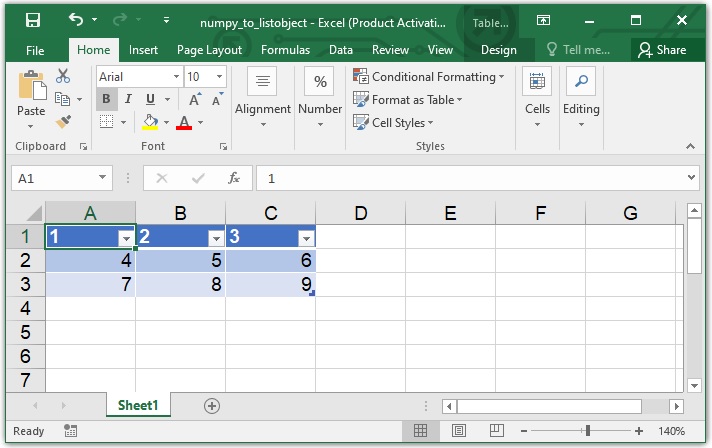 NumPy ndarray'ı ListObject (Excel Tablosu) olarak nasıl dönüştürülür