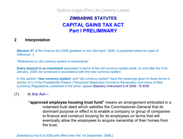 Figure 2:-– Zimbabwe Capital Gains Tax Act [Chapter 23:01], section exported from Optima Legal Online in PDF using [Aspose.Words for .NET][7].