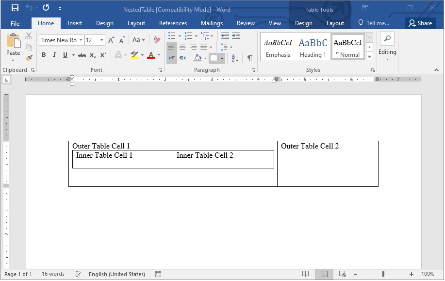 Create a Nested Table in a Word Document using C#
