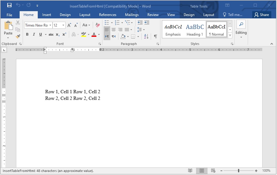 Create a Table in a Word Document from HTML
