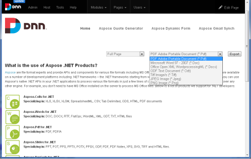 Aspose .NET Advance DNN Content Exporter Module