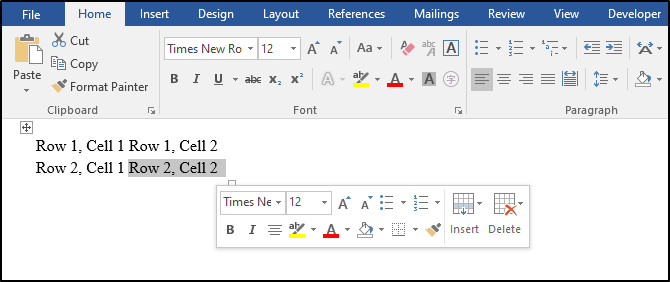 Insert Table in Word