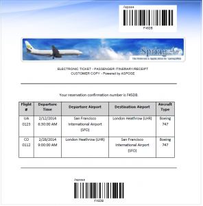 SpringAir reservation confirmation generated e-ticket