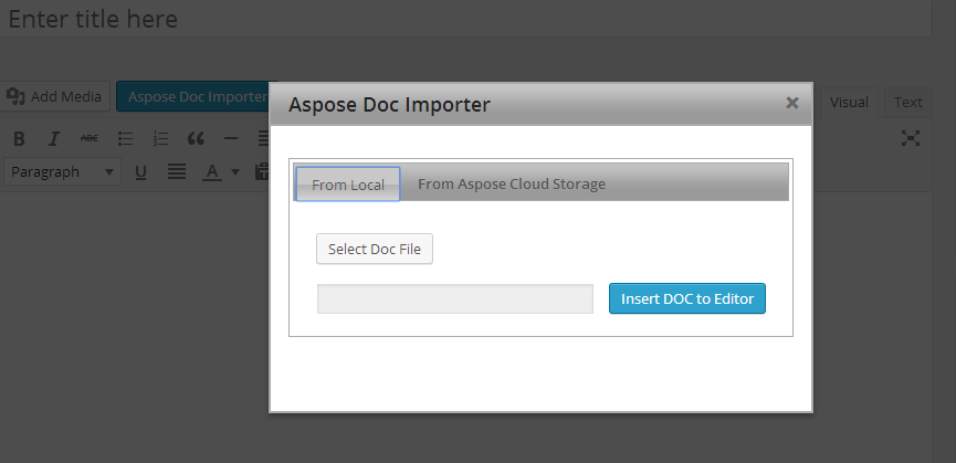 Aspose Doc Importer popup for selecting whether to read content from local file or aspose cloud file.