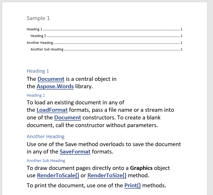 Output Word file containing the Table of Contents